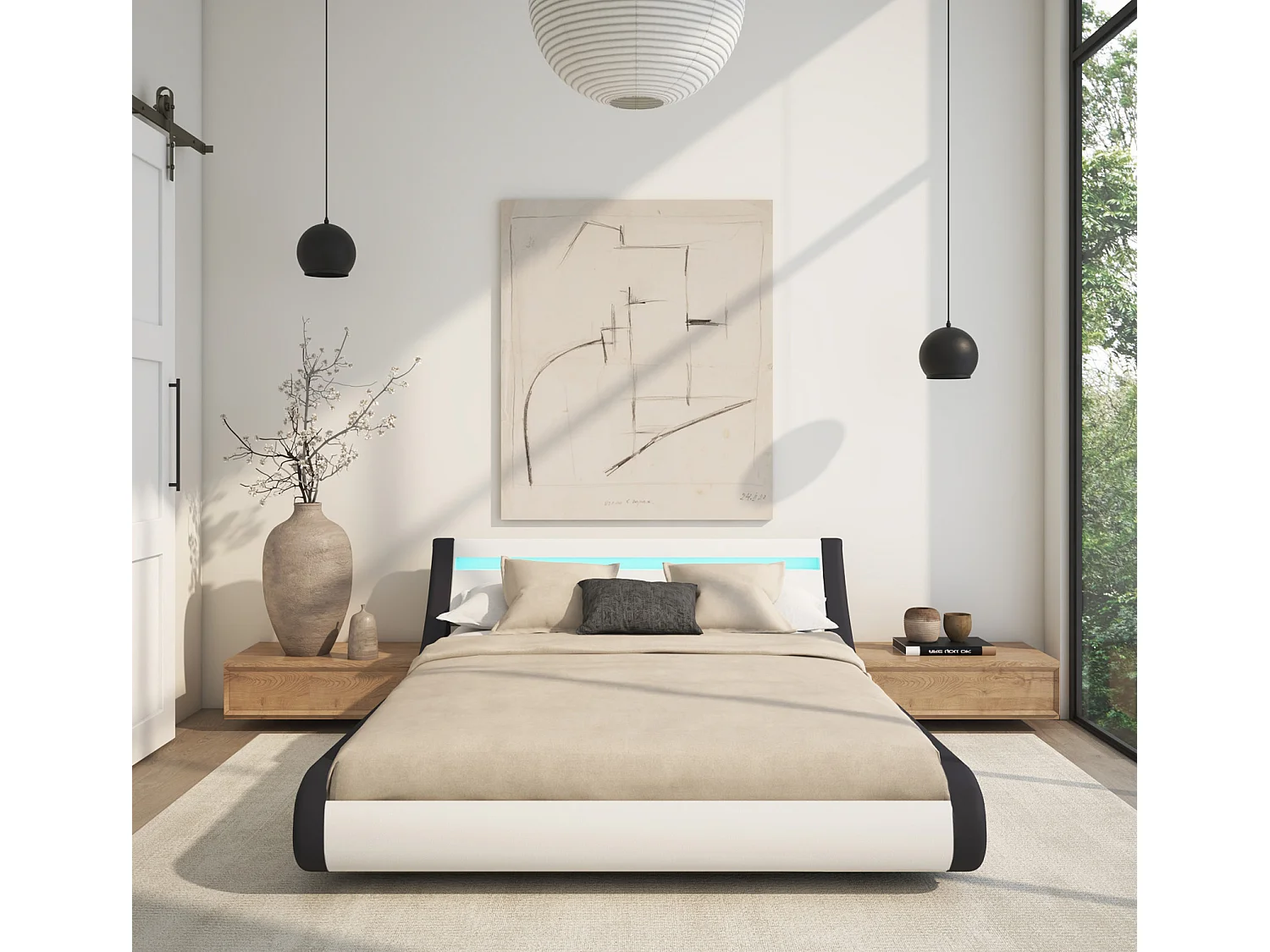 Cama de matrimonio con Canapé y Colchón 160x200cm en Blanco y Negro con LED Parisina