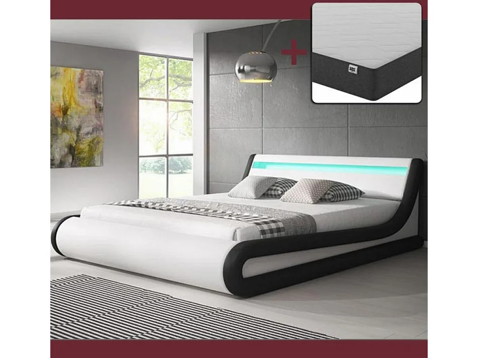 Cama de matrimonio con Canapé y Colchón 140x190cm en Blanco y Negro con LED Parisina