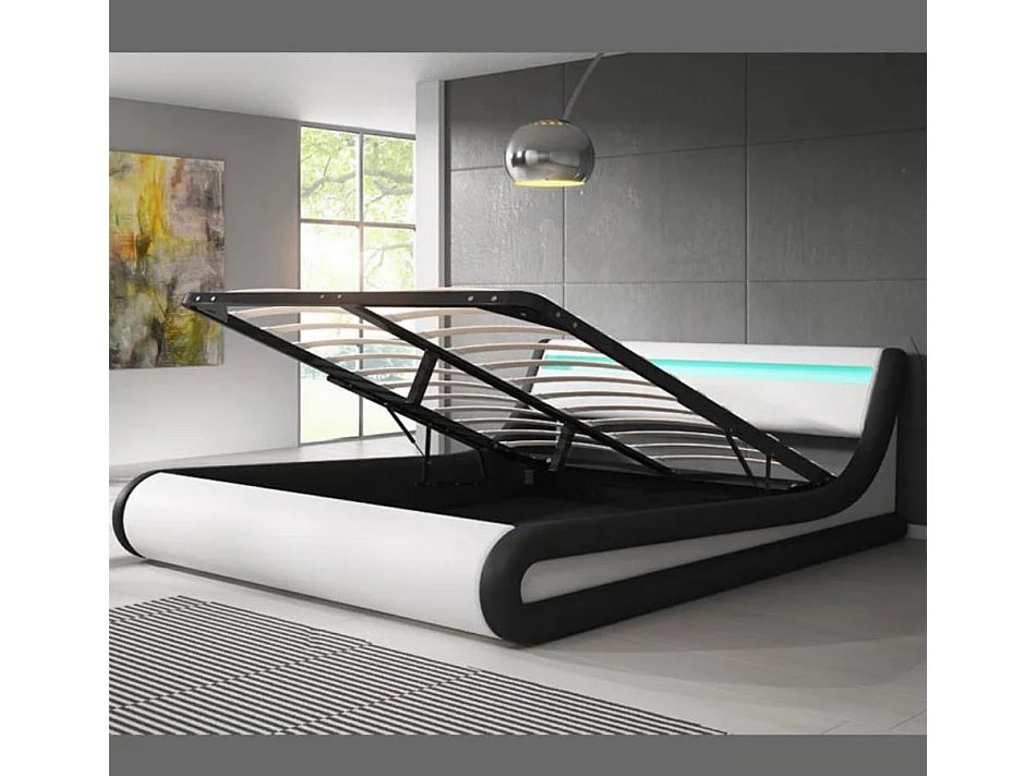 Cama de matrimonio con Canapé y Colchón 140x190cm en Blanco y Negro con LED Parisina