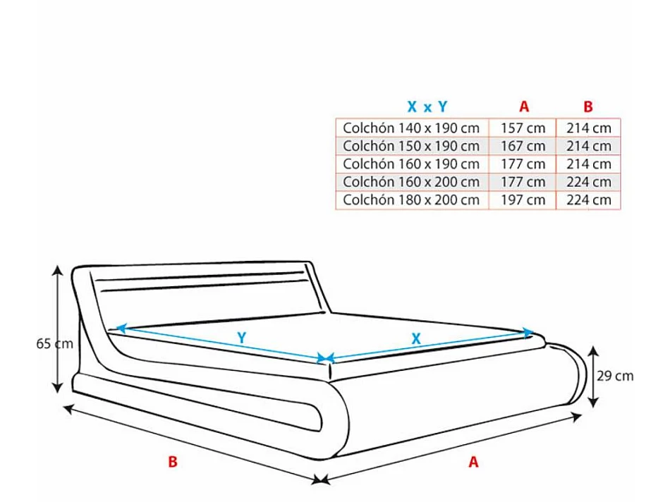Cama de matrimonio con Canapé y Colchón 140x190cm en Blanco y Negro con LED Parisina