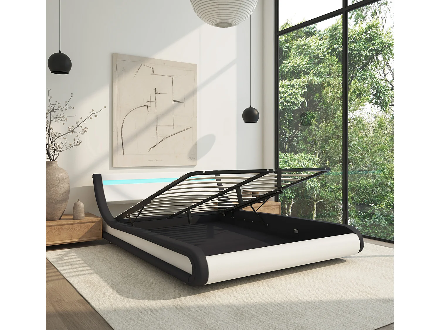 Cama de matrimonio con Canapé y Colchón 150x190cm en Blanco y Negro con LED Parisina