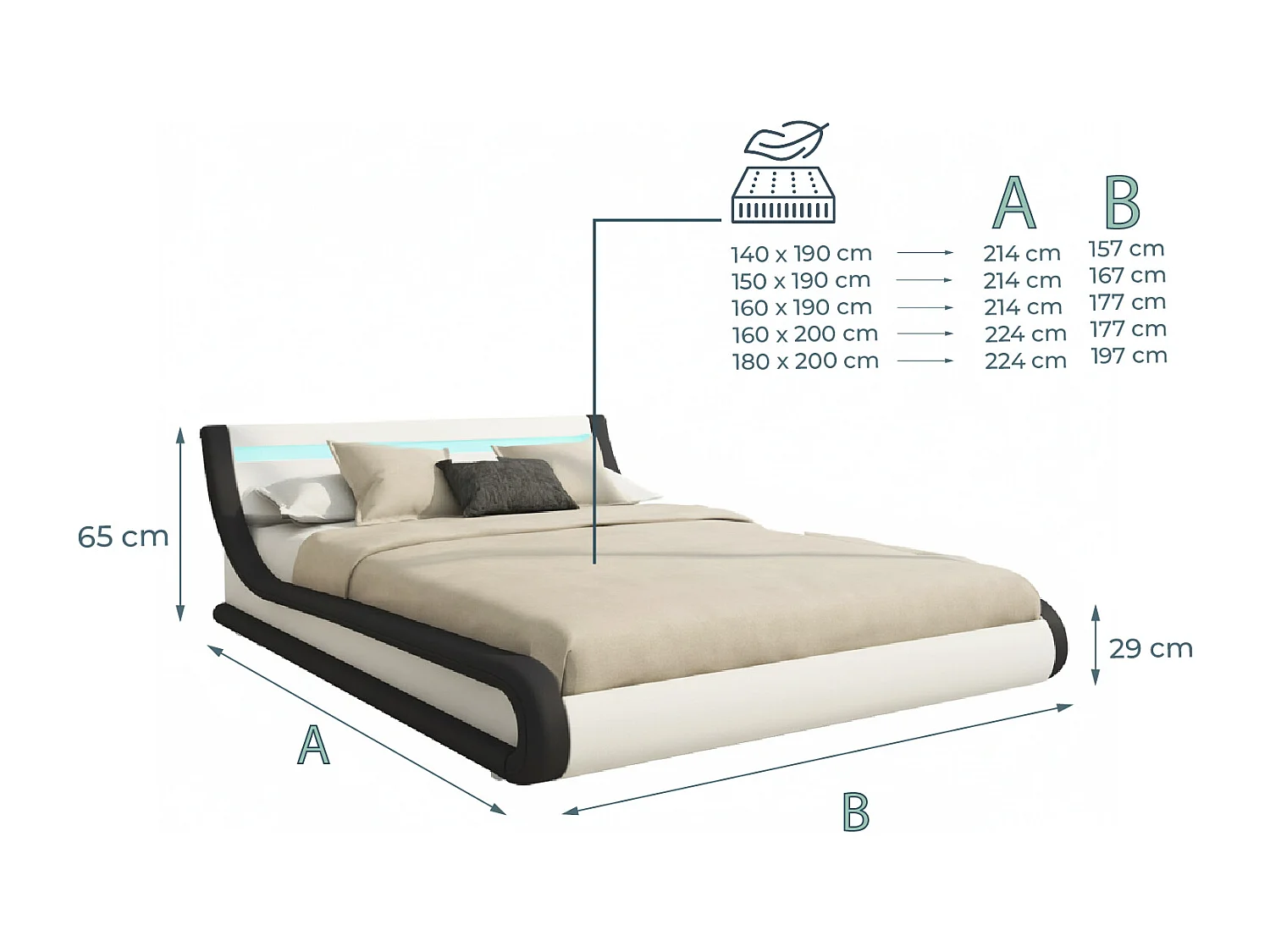 Cama de matrimonio con Canapé y Colchón 150x190cm en Blanco y Negro con LED Parisina