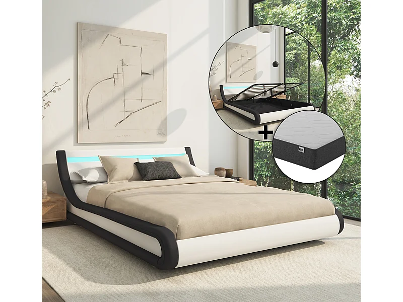 Cama de matrimonio con Canapé y Colchón 150x190cm en Blanco y Negro con LED Parisina