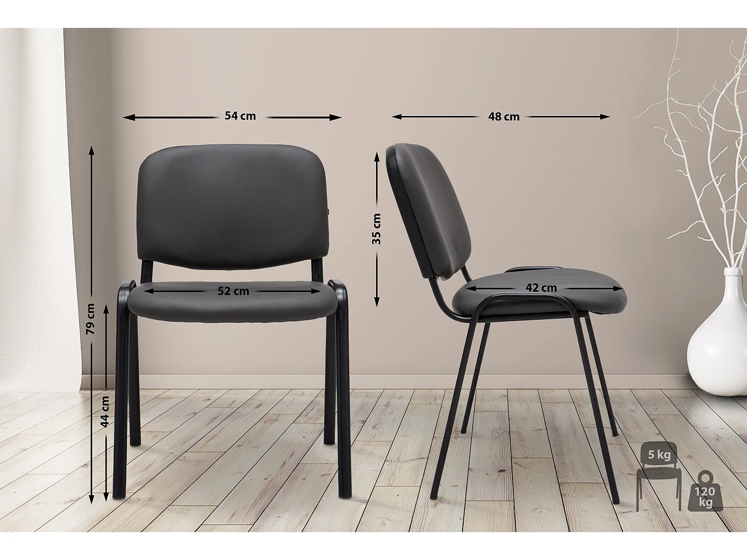 Silla de escritorio y oficina sin ruedas asiento ergonómico polipiel gris y metal negro mate M10_002430