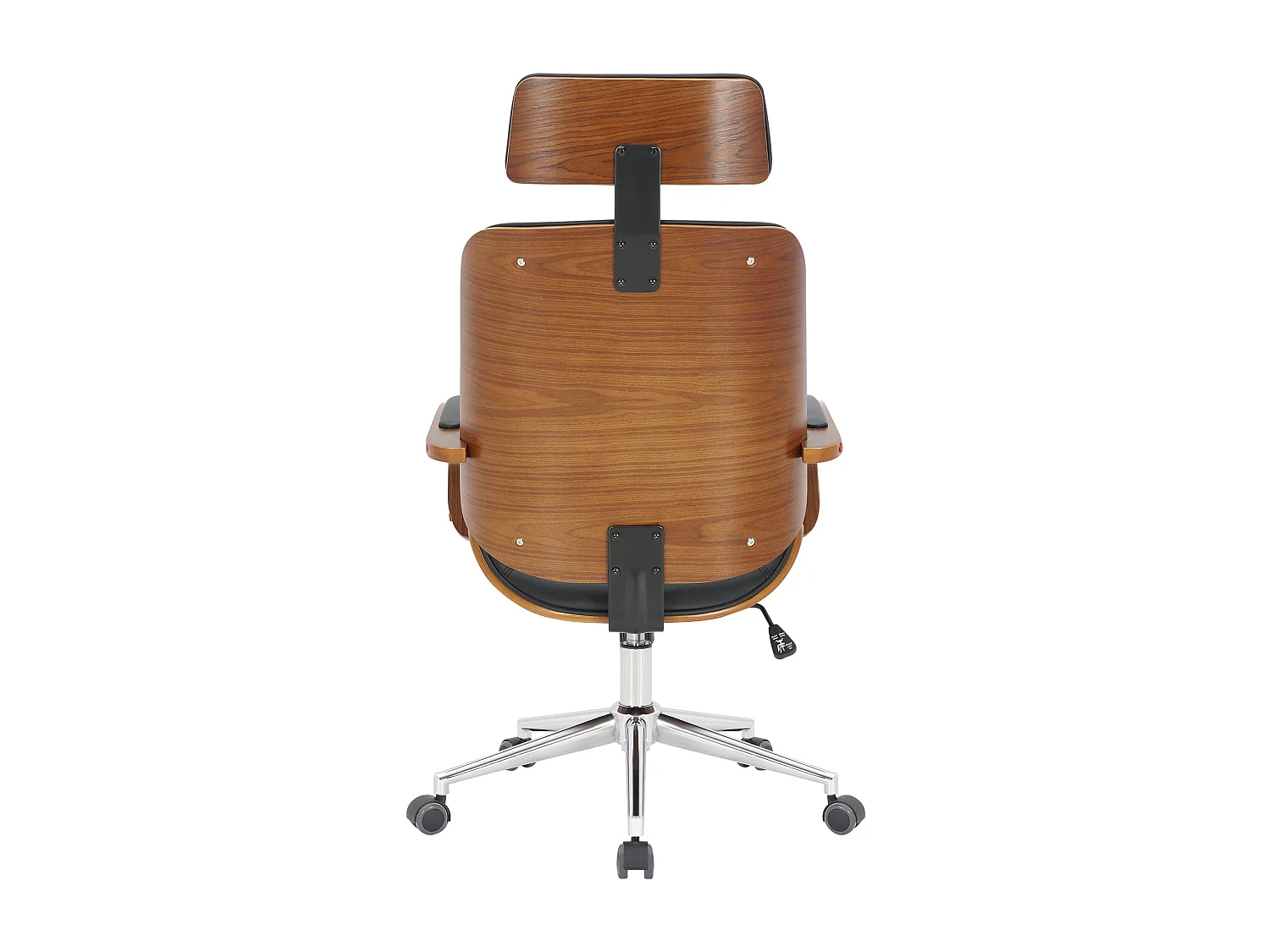 Silla de escritorio y oficina con ruedas reposacabezas polipiel negro estructura color nogal metal M10_002654