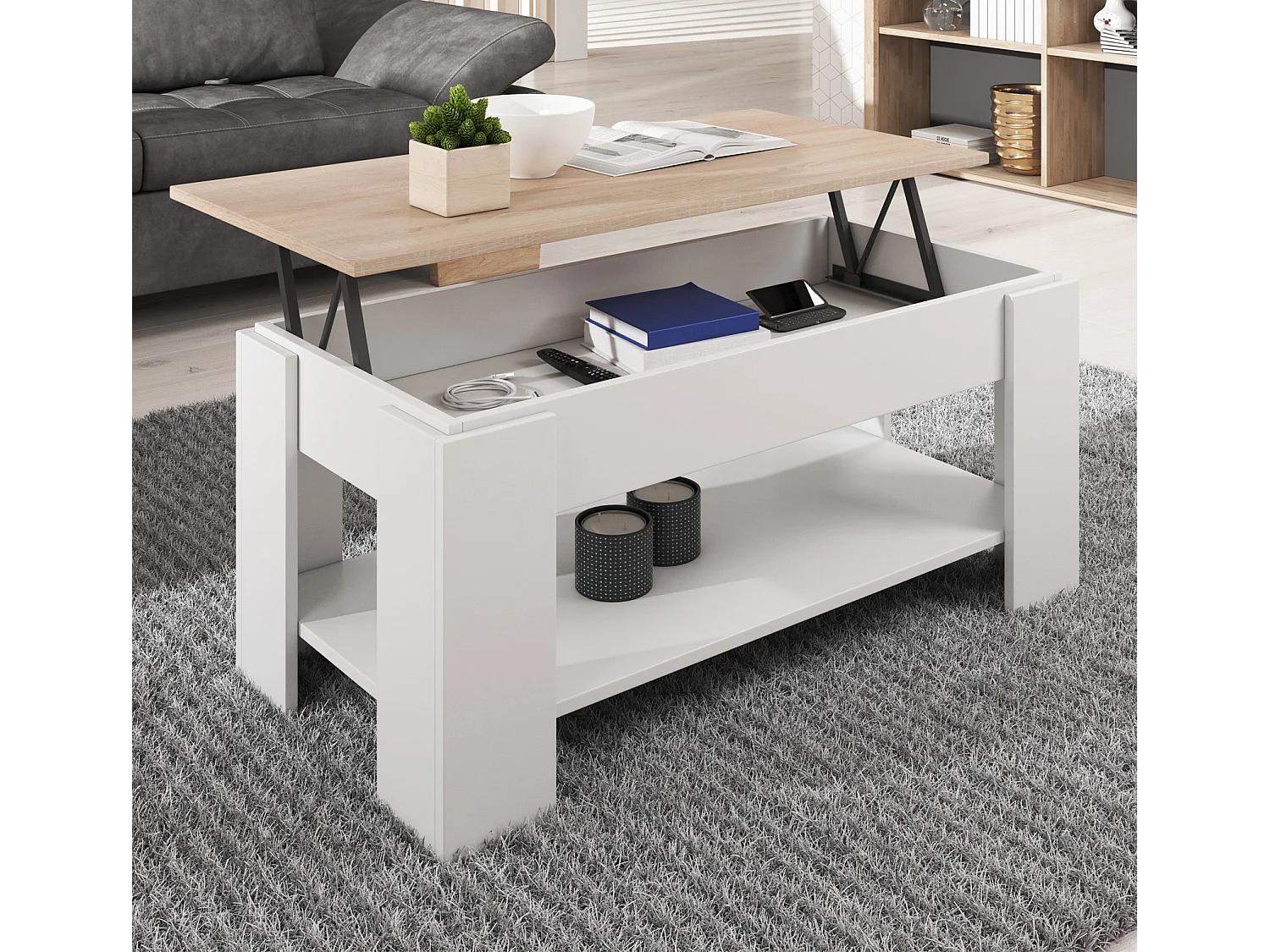 Mesa baja elevable para Salón comedor en Blanco y Sonoma 100x50x43,5cm Nicoleta