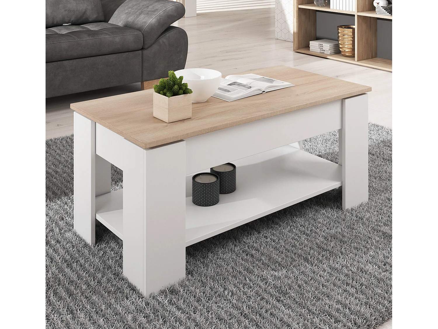 Mesa baja elevable para Salón comedor en Blanco y Sonoma 100x50x43,5cm Nicoleta