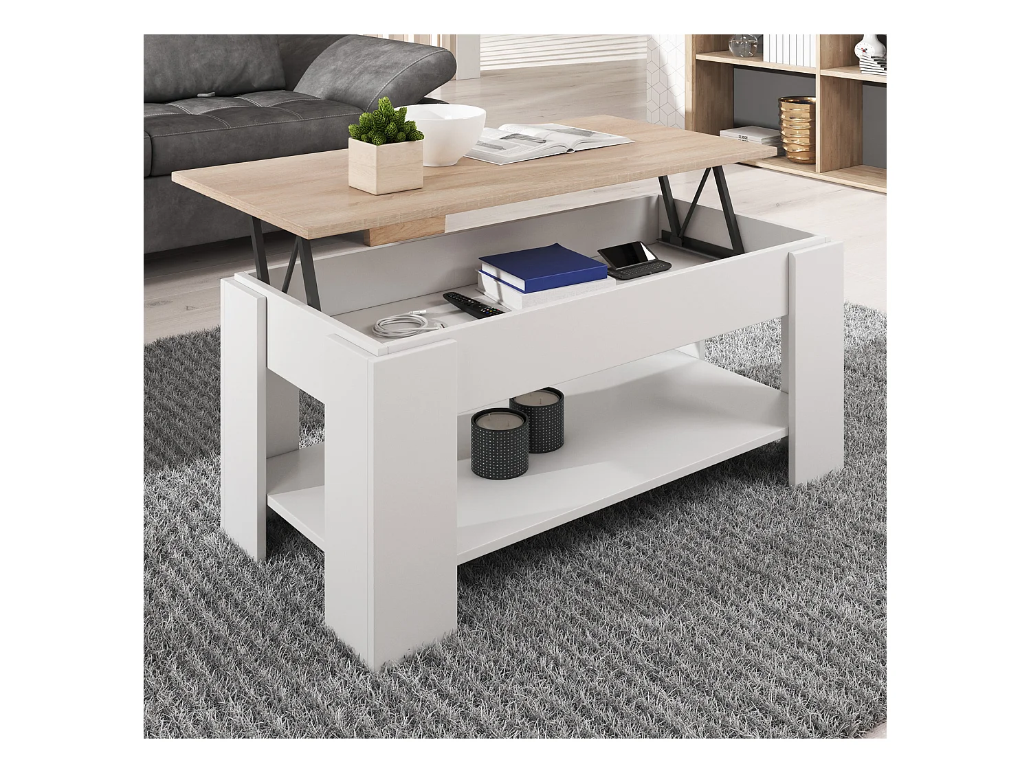 Table basse relevable en Blanc et Sonoma 100x50x43,5cm Nicoleta