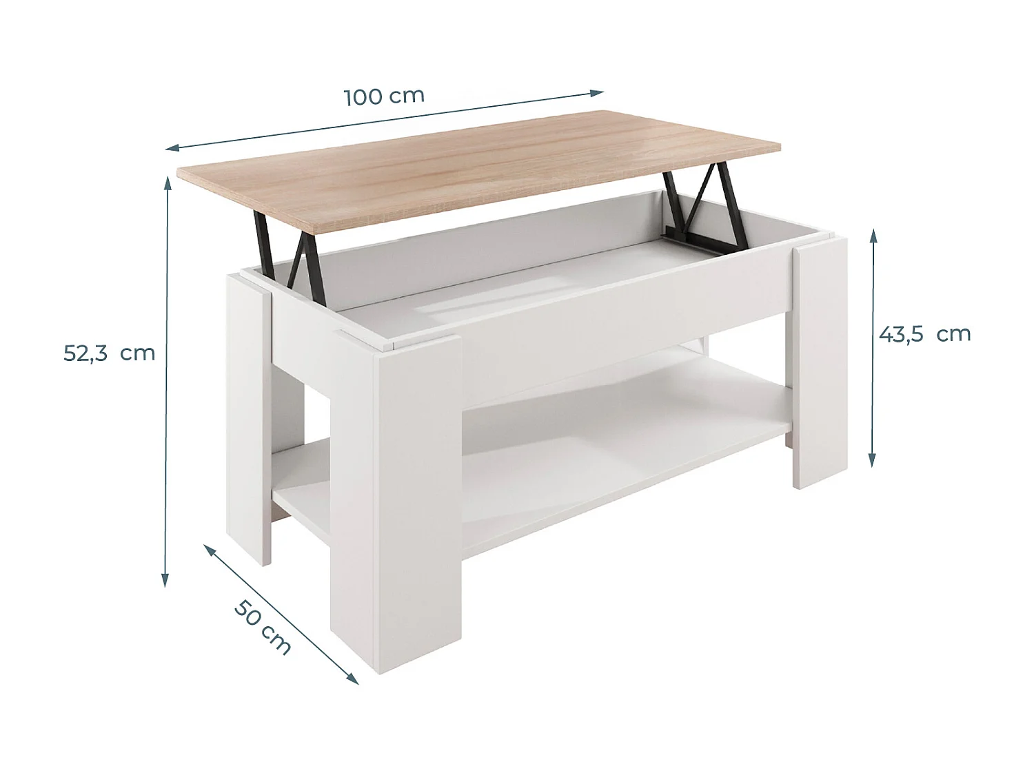 Mesa baja elevable para Salón comedor en Blanco y Sonoma 100x50x43,5cm Nicoleta