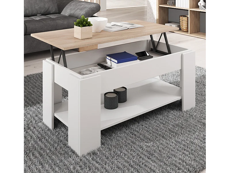 Table basse relevable en Blanc et Sonoma 100x50x43,5cm Nicoleta