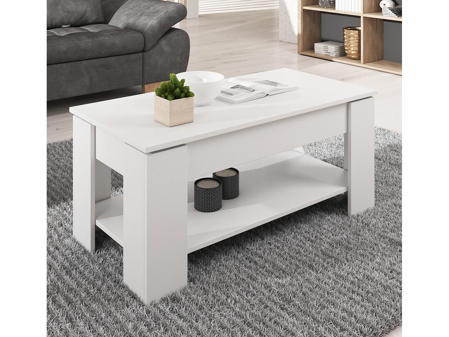 Mesa baja elevable para Salón comedor en Blanco 100x50x43,5cm Nicoleta