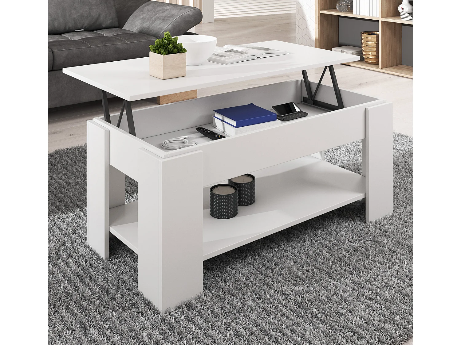 Mesa baja elevable para Salón comedor en Blanco 100x50x43,5cm Nicoleta