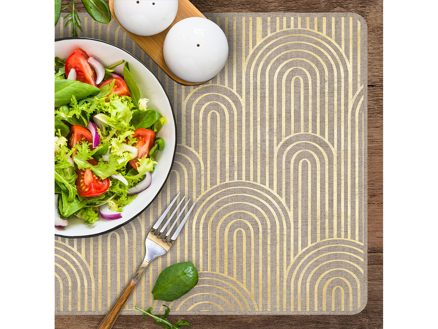 Set de 4 individuales de vinilo Natural arcos dorados  4u-30x45 cm