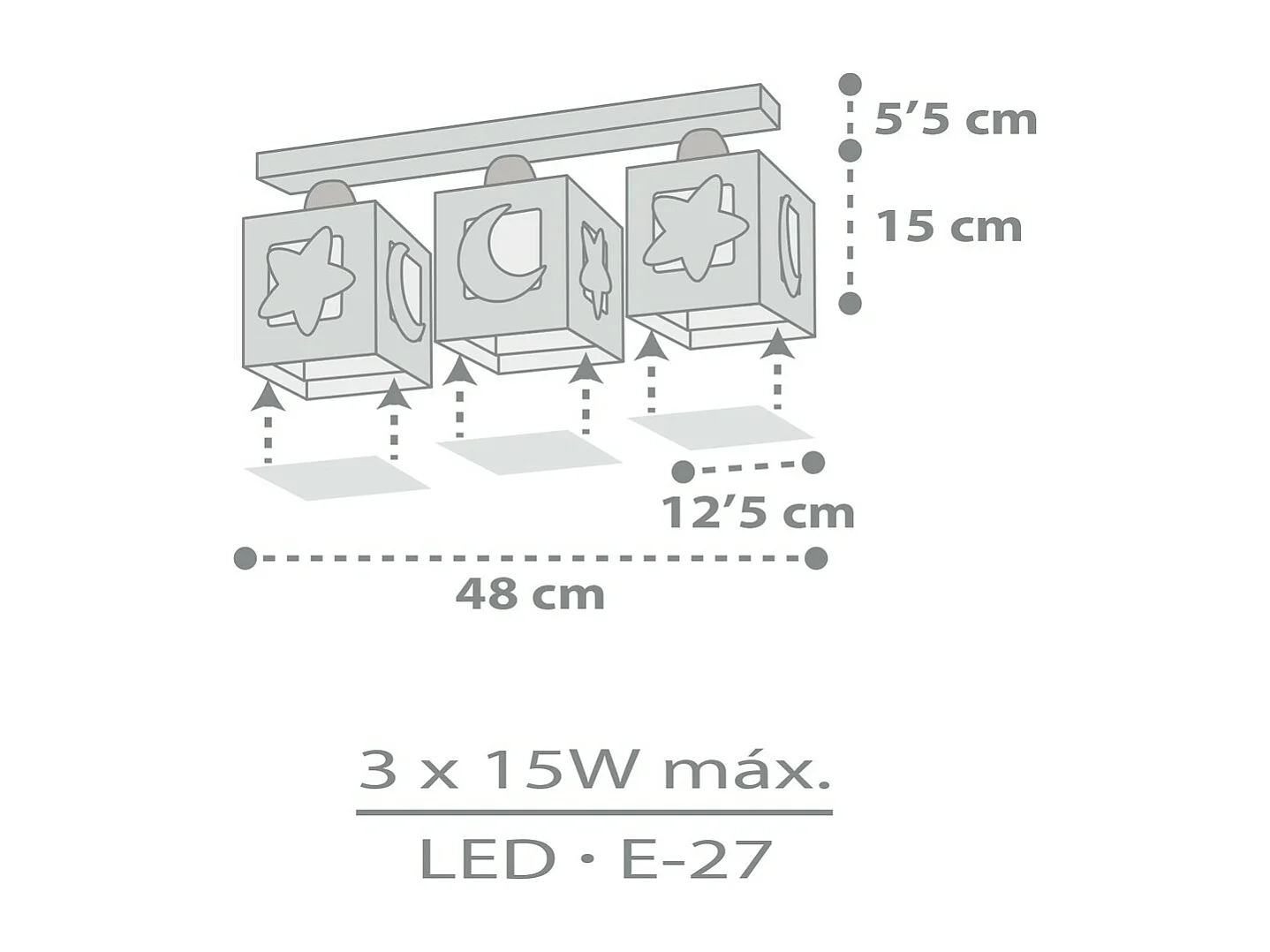 Plafón infantil 3 luces Moonlight Luna y Estrellas gris | DALBER