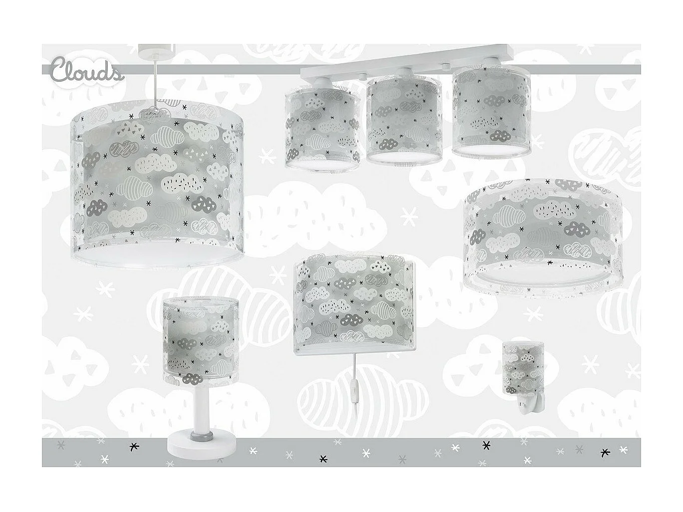 Plafonnier pour enfants à 3 lampes Clouds Nuages gris