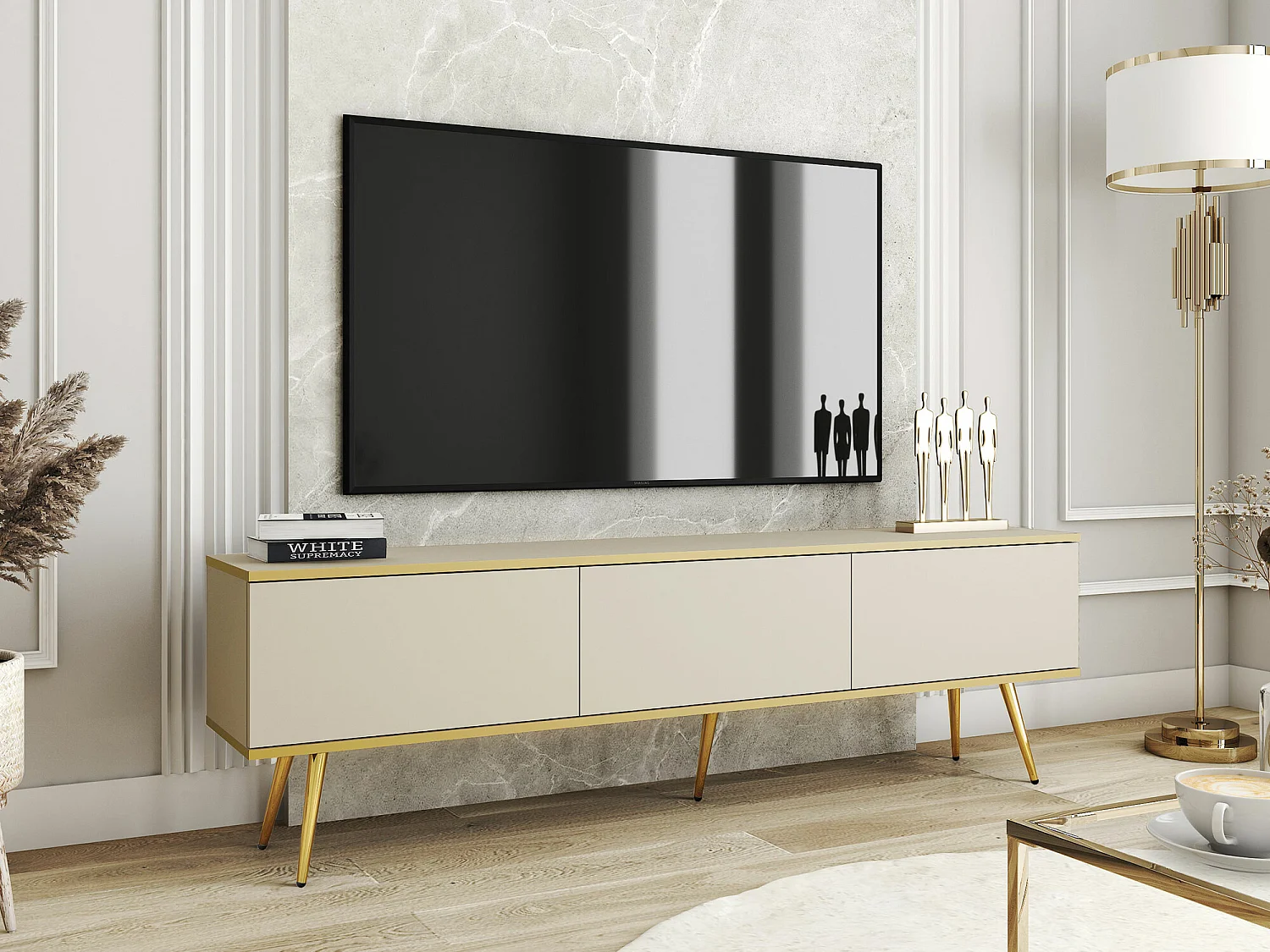 Mueble TV Lima 127, Crema|Dorado, 175x53x32cm