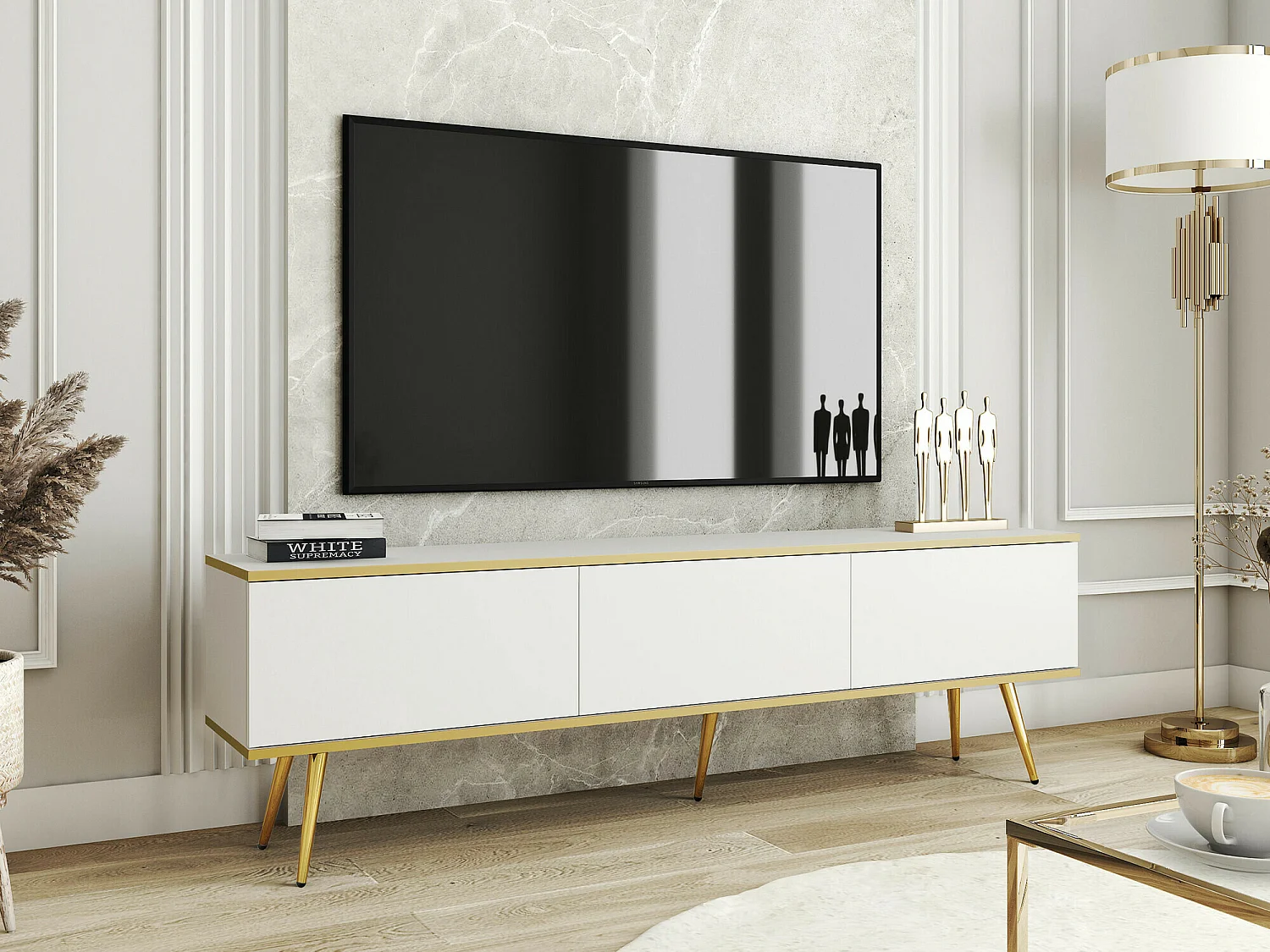 Mueble TV Lima 127, Blanco|Dorado, 175x53x32cm