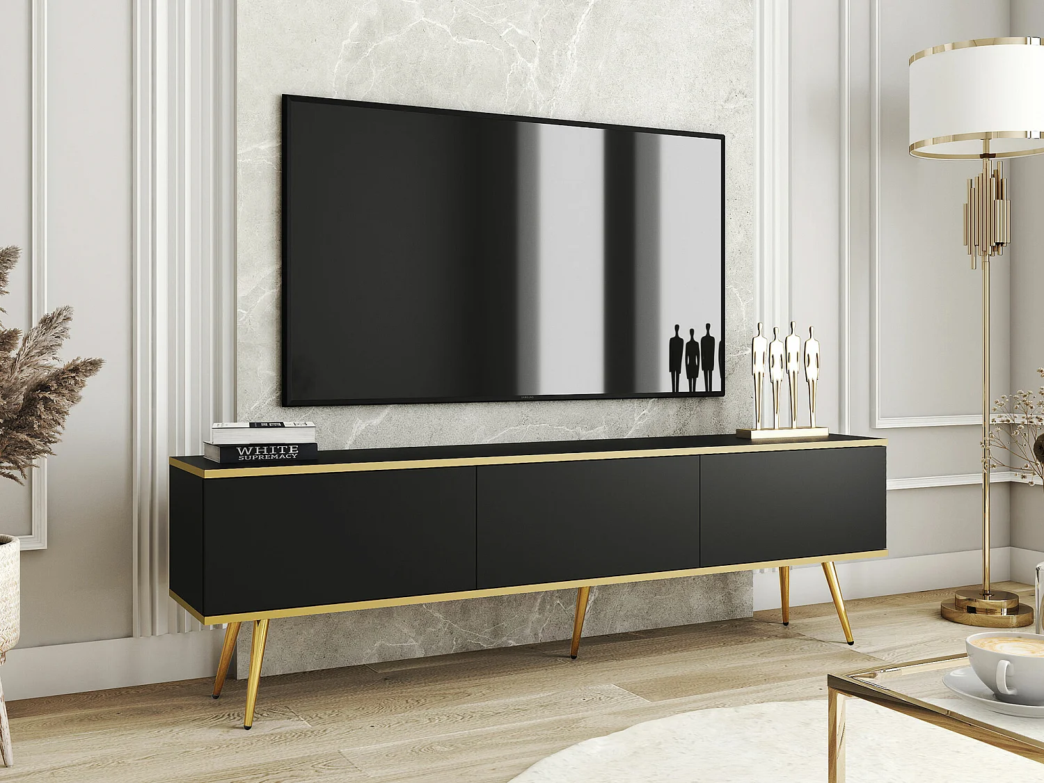 Mueble TV Lima 127, Negro|Dorado, 175x53x32cm
