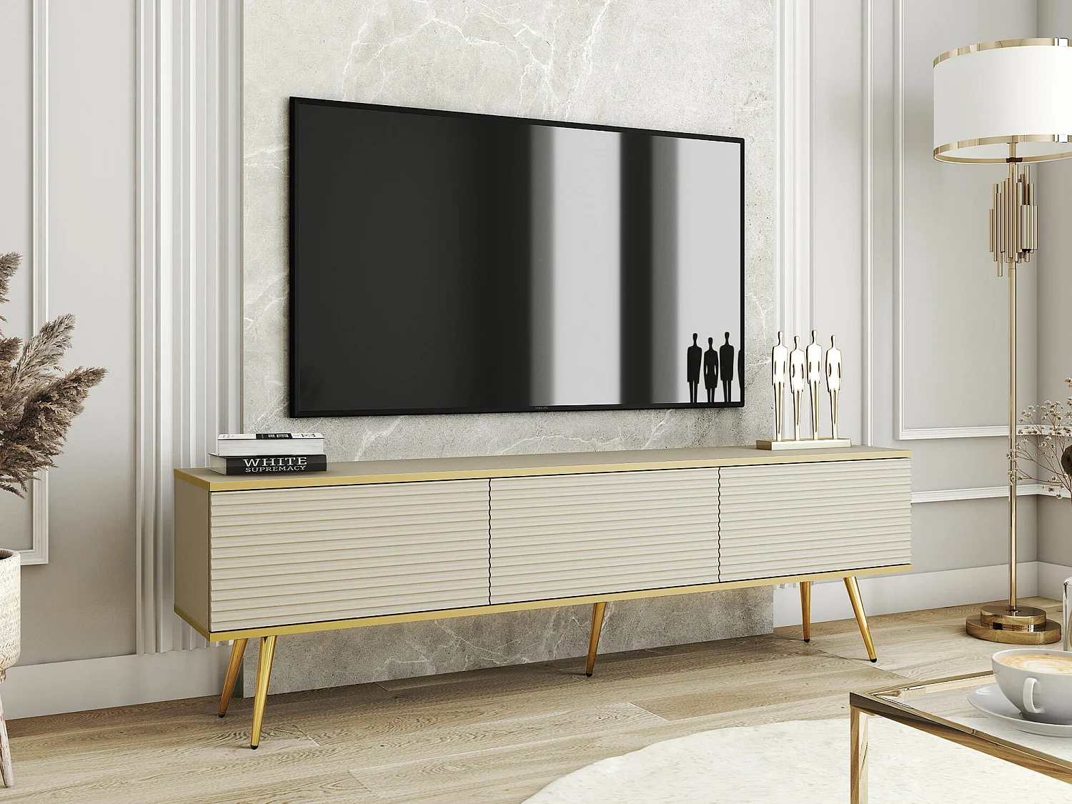 Mueble TV Lima 128, Crema|Dorado, 175x53x32cm