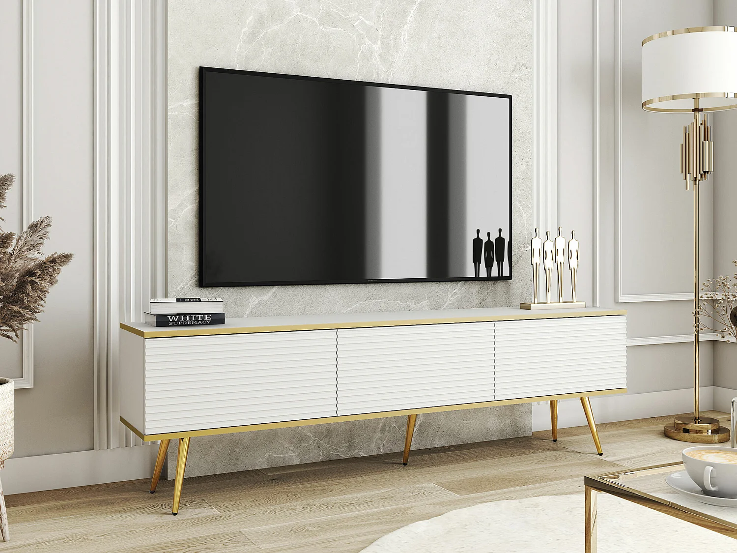 Mueble TV Lima 128, Blanco|Dorado, 175x53x32cm