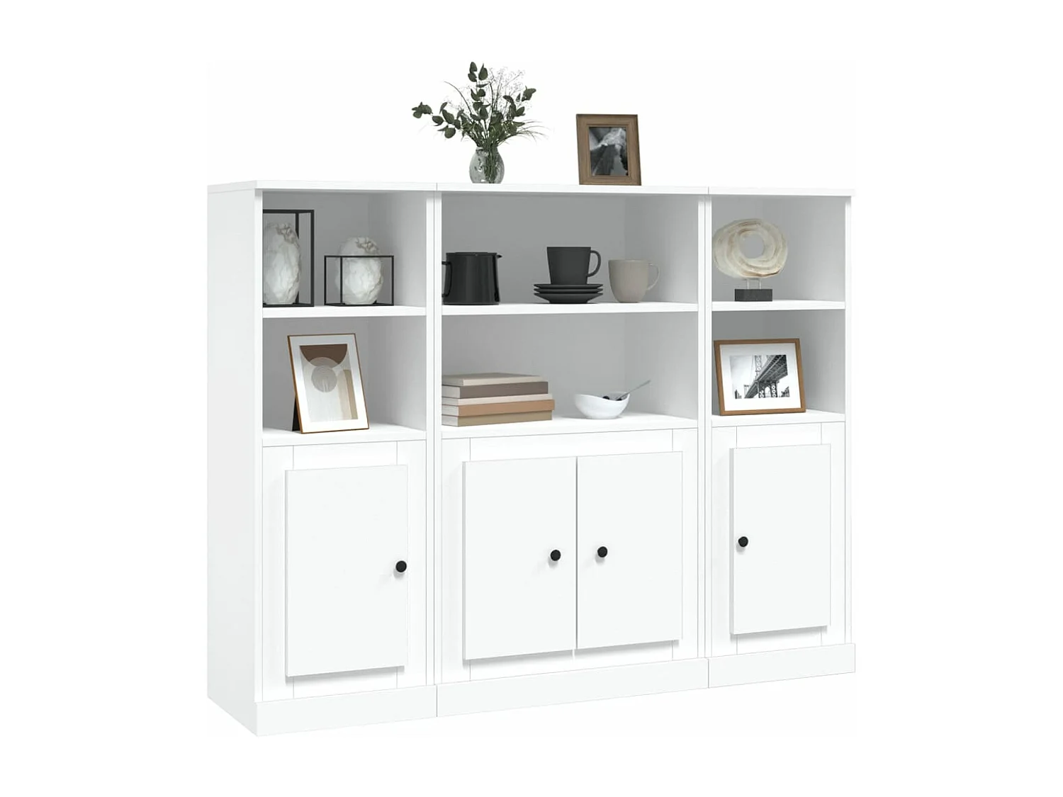 Hoge kasten 3 st bewerkt hout wit