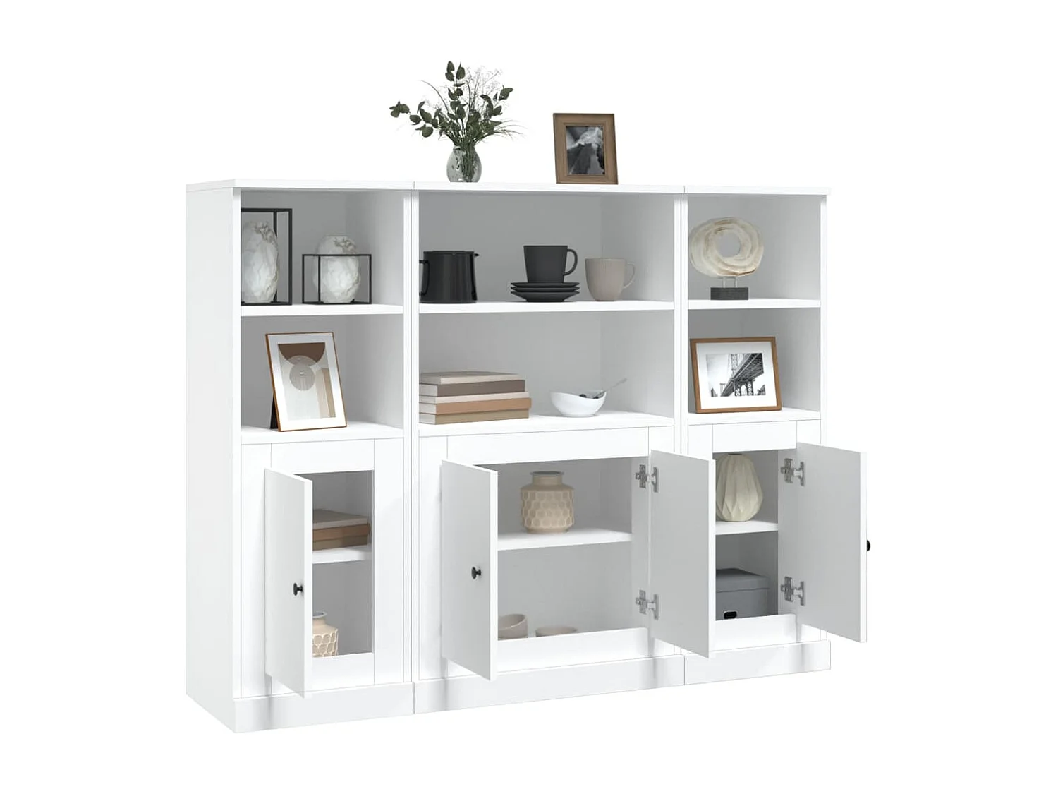 Hoge kasten 3 st bewerkt hout wit