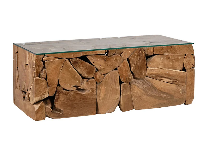 Table basse 60 x 120 cm en bois de teck et verre trempé - TEKKU 2