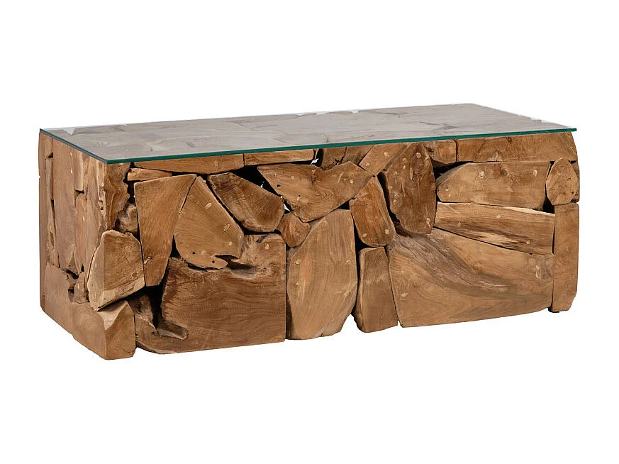 Table basse 60 x 120 cm en bois de teck et verre trempé - TEKKU 2