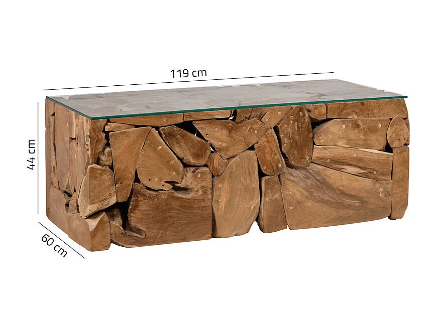 Table basse 60 x 120 cm en bois de teck et verre trempé - TEKKU 2