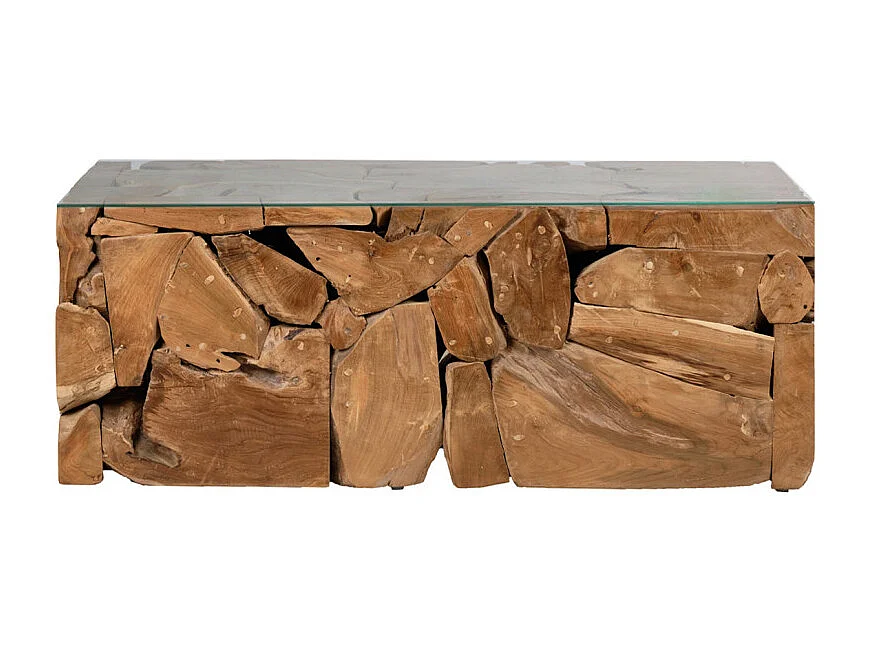 Table basse 60 x 120 cm en bois de teck et verre trempé - TEKKU 2