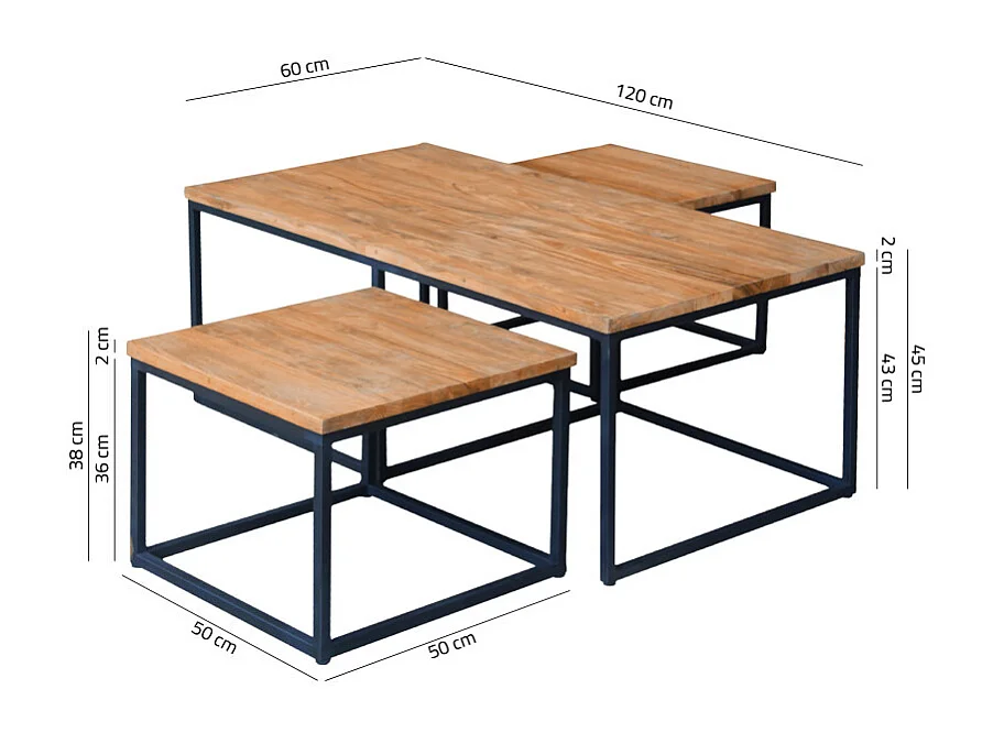 3 tables basses gigognes en bois de teck recyclé et métal - FIRENZE 01