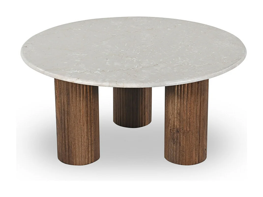 Sula - Table basse en marbre et bois massif ø80cm - Blanc ivoire