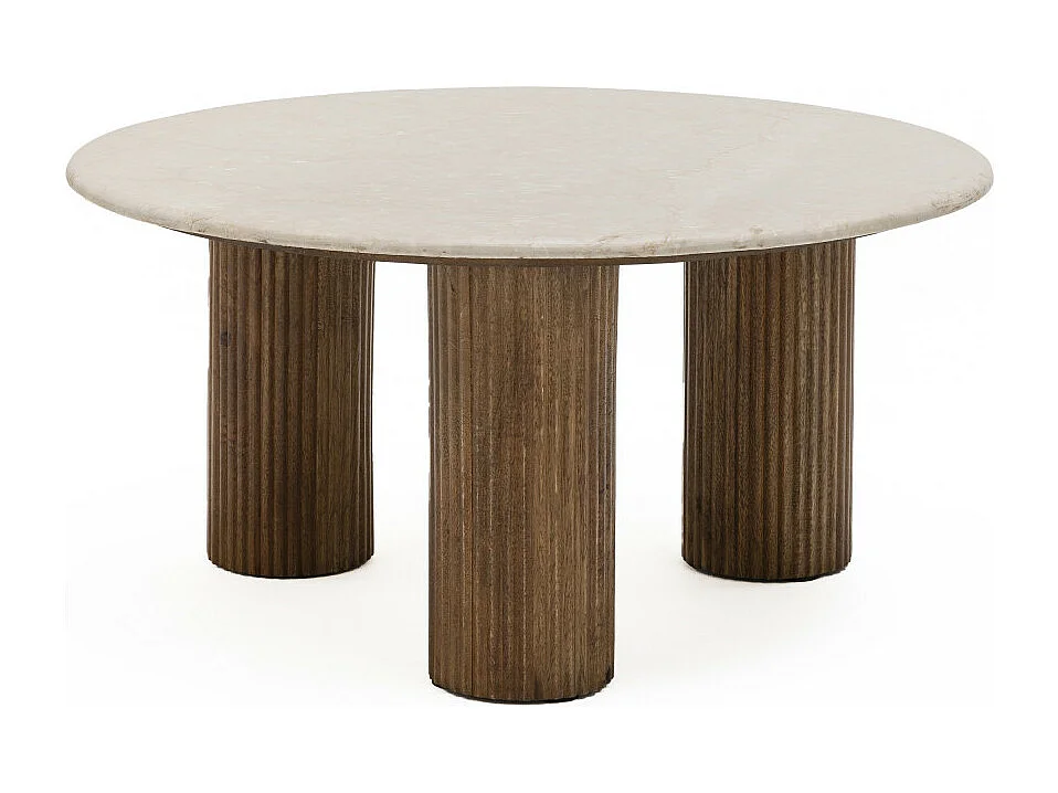 Sula - Table basse en marbre et bois massif ø80cm - Blanc ivoire