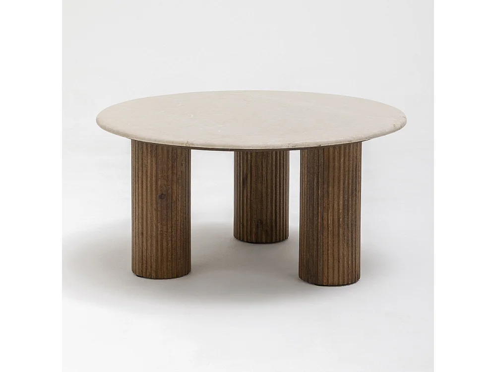 Sula - Table basse en marbre et bois massif ø80cm - Blanc ivoire
