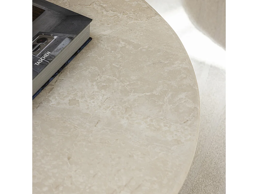 Sula - Table basse en marbre et bois massif ø80cm - Blanc ivoire