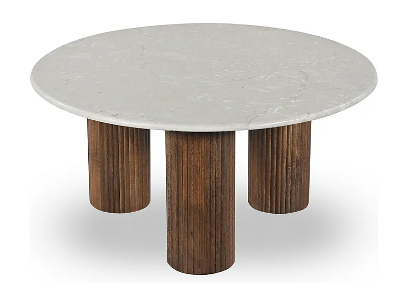 Sula - Table basse en marbre et bois massif ø80cm - Blanc ivoire