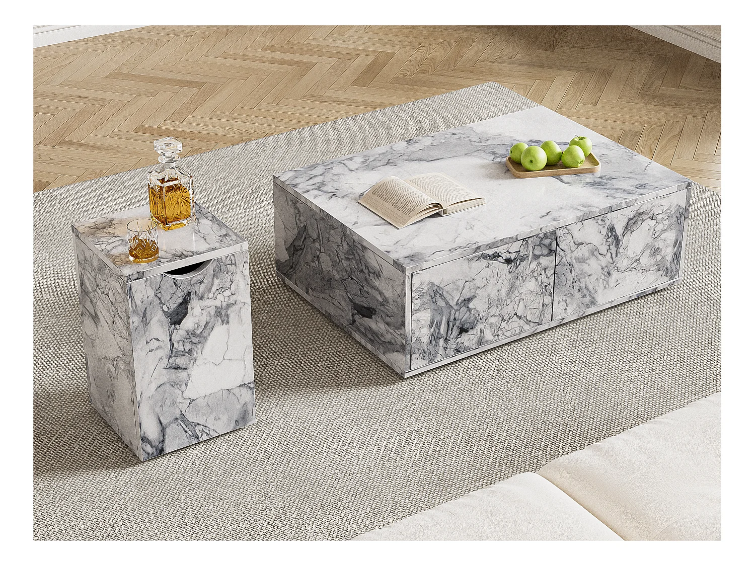 Set van 2 salontafels - in MDF - met marmerpatroon - Wit