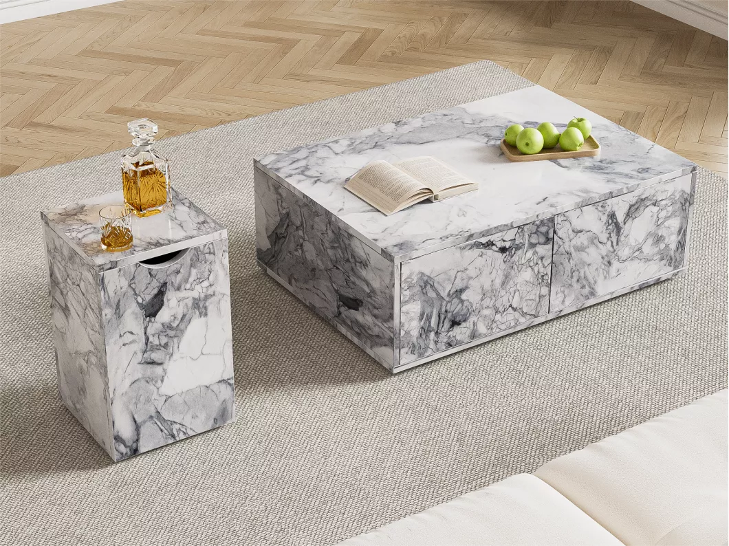 Kauf Unique Set mit 2 Couchtischen – aus MDF – mit Marmormuster – Weiß