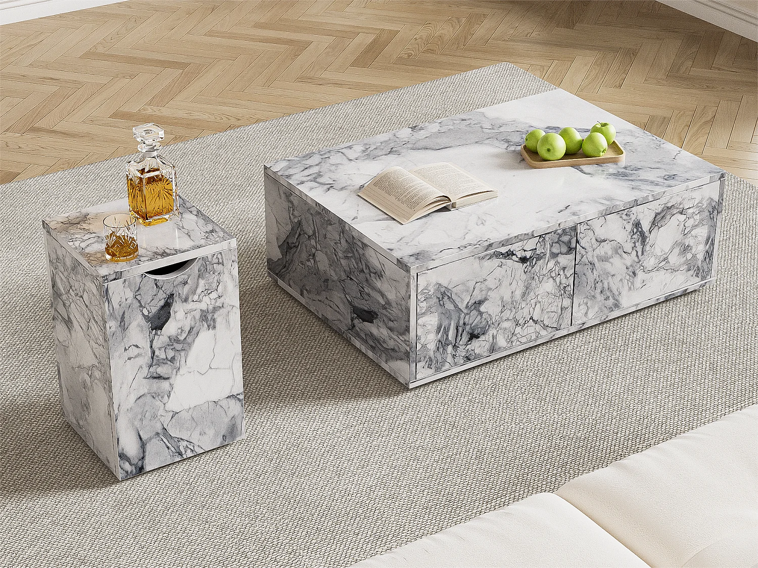 Lot de 2 tables basses - en MDF - à motif de marbre - Blanc