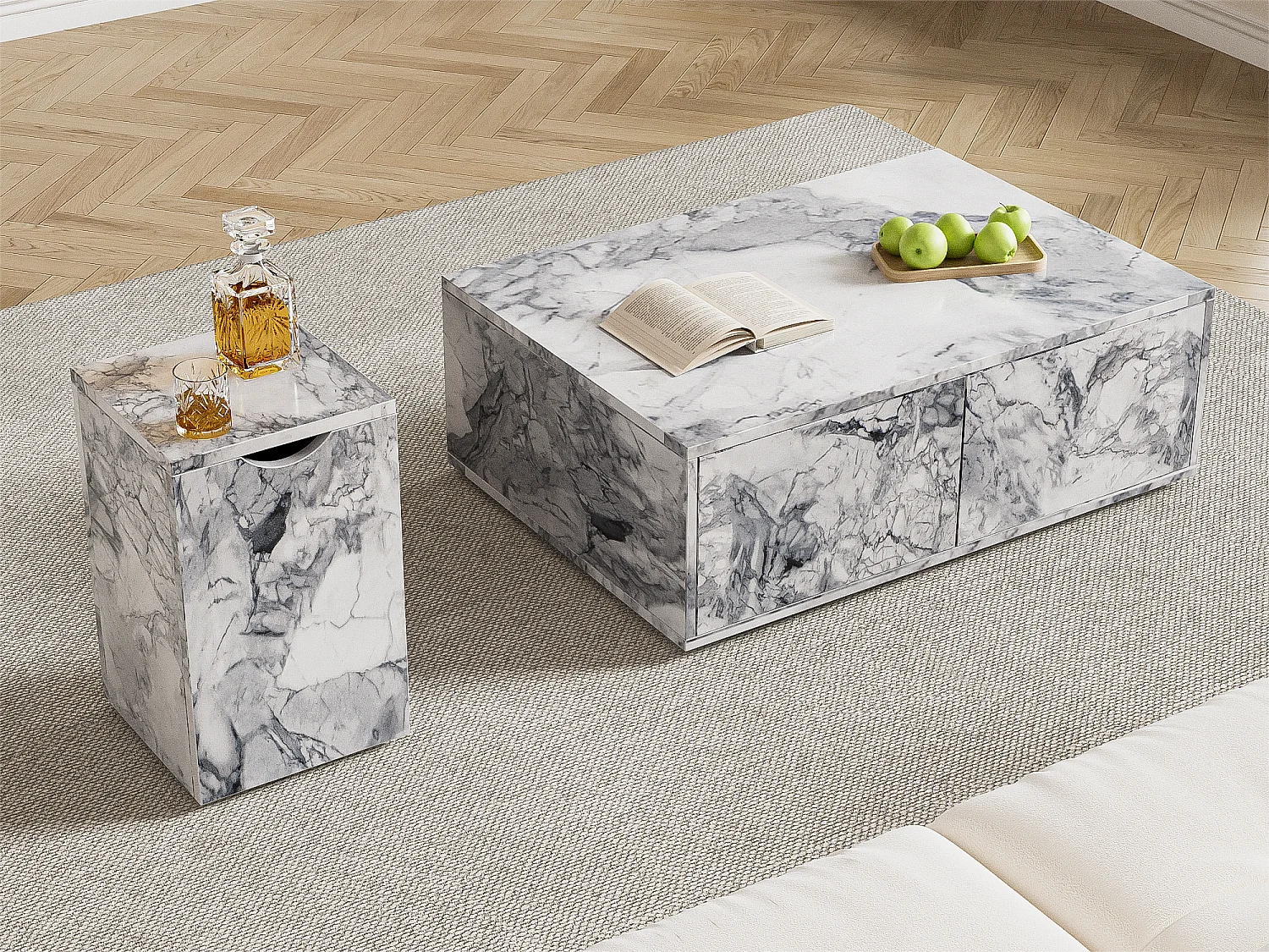 Lot de 2 tables basses - en MDF - à motif de marbre - Blanc