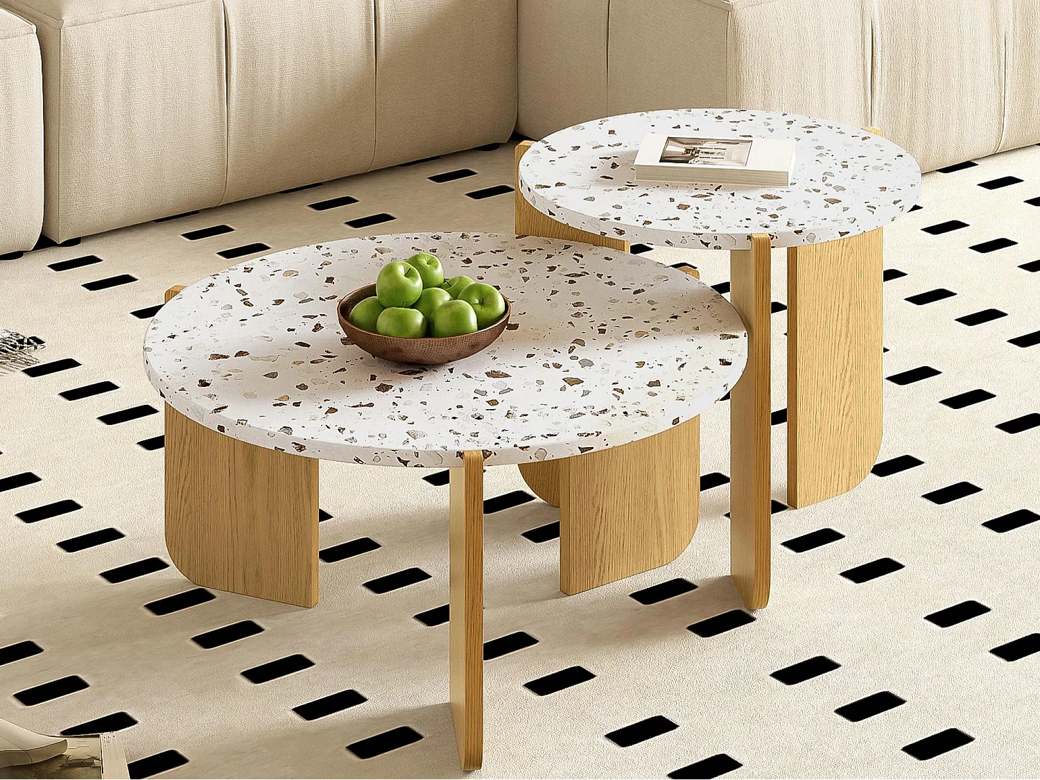 Lot de 2 tables gigognes - en MDF - texture mouchetée - Naturel