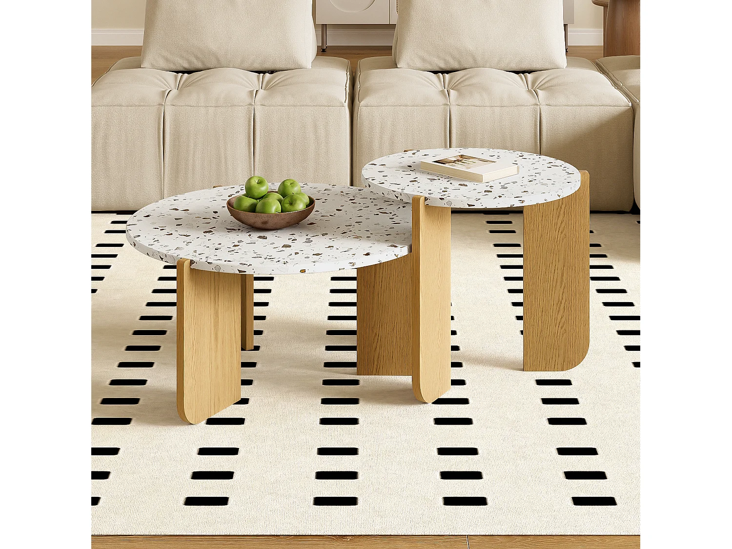 Lot de 2 tables gigognes - en MDF - texture mouchetée - Naturel