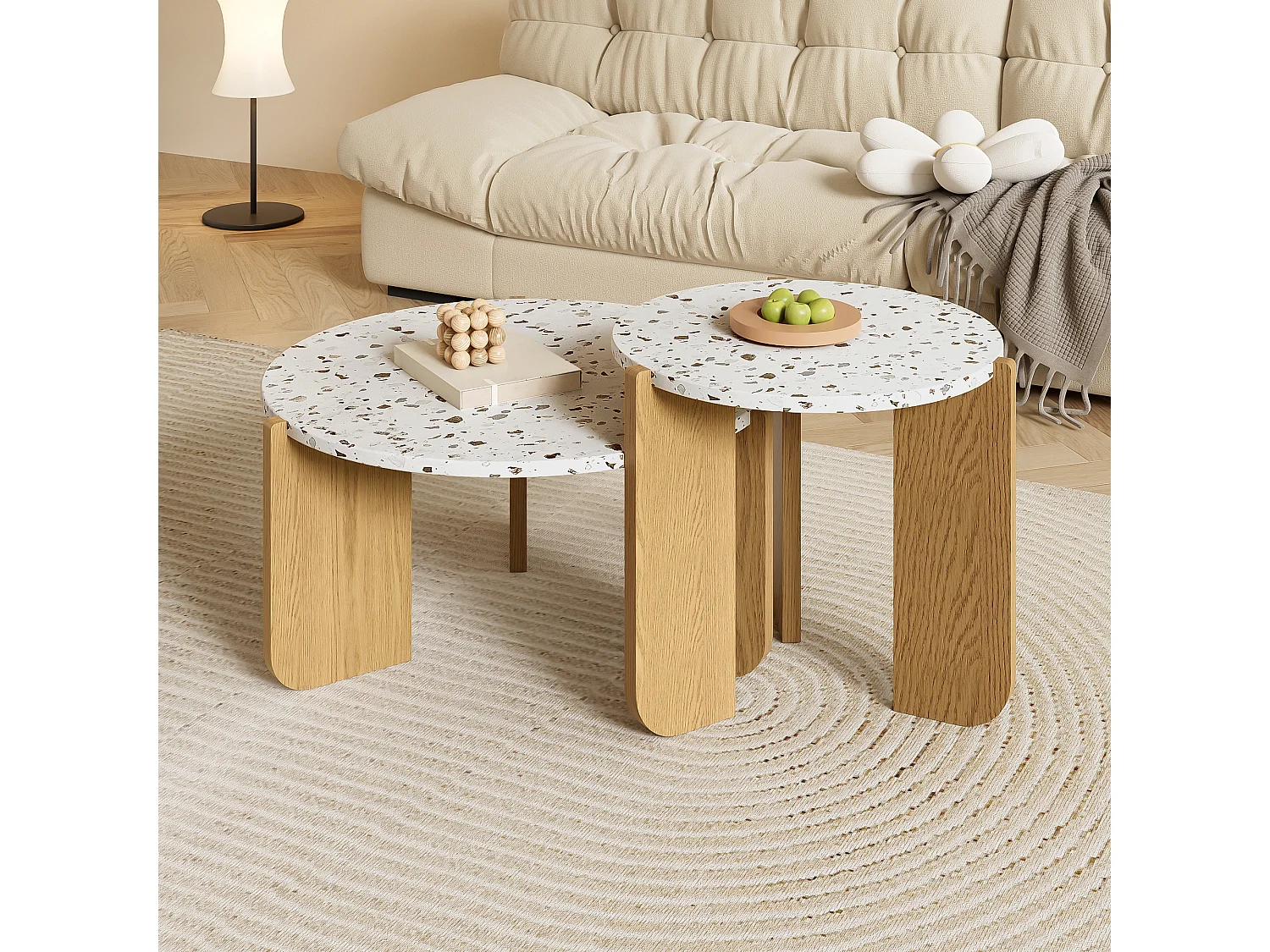 Lot de 2 tables gigognes - en MDF - texture mouchetée - Naturel