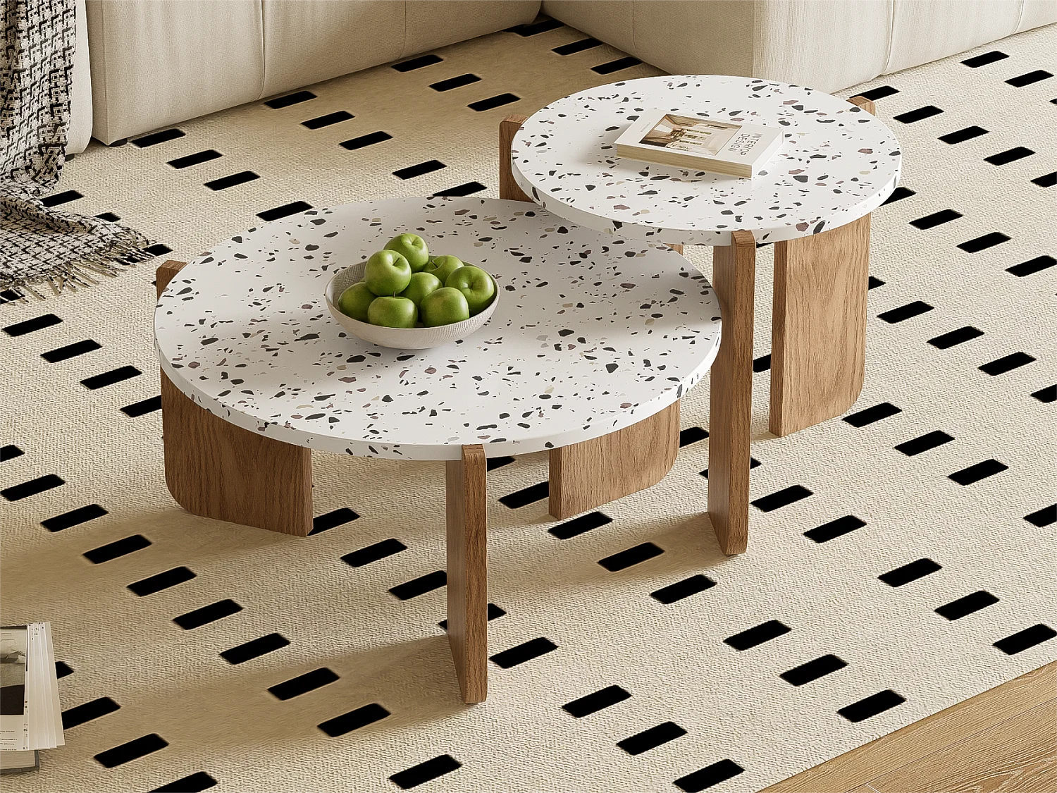 Lot de 2 tables gigognes - en MDF - texture mouchetée - Naturel