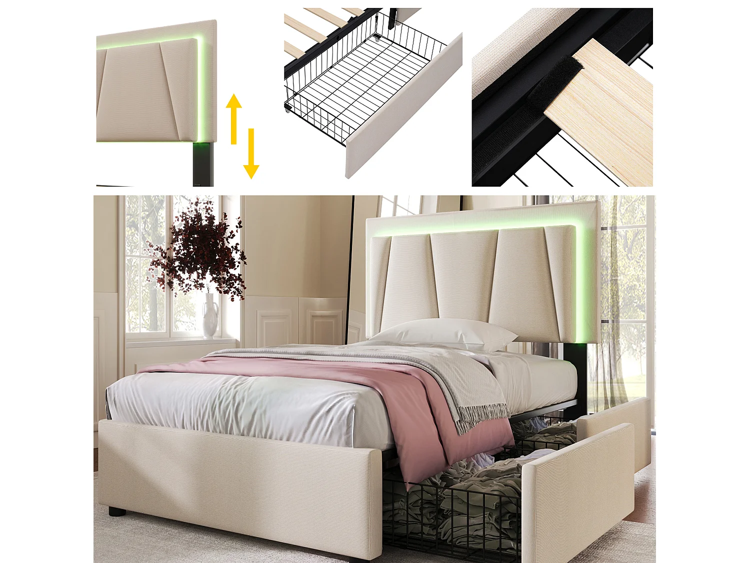 Lit capitonné enfant 90 x 200 cm 2 tiroirs + tête de lit réglable - LEDs - Tissu lin - Beige + Matelas