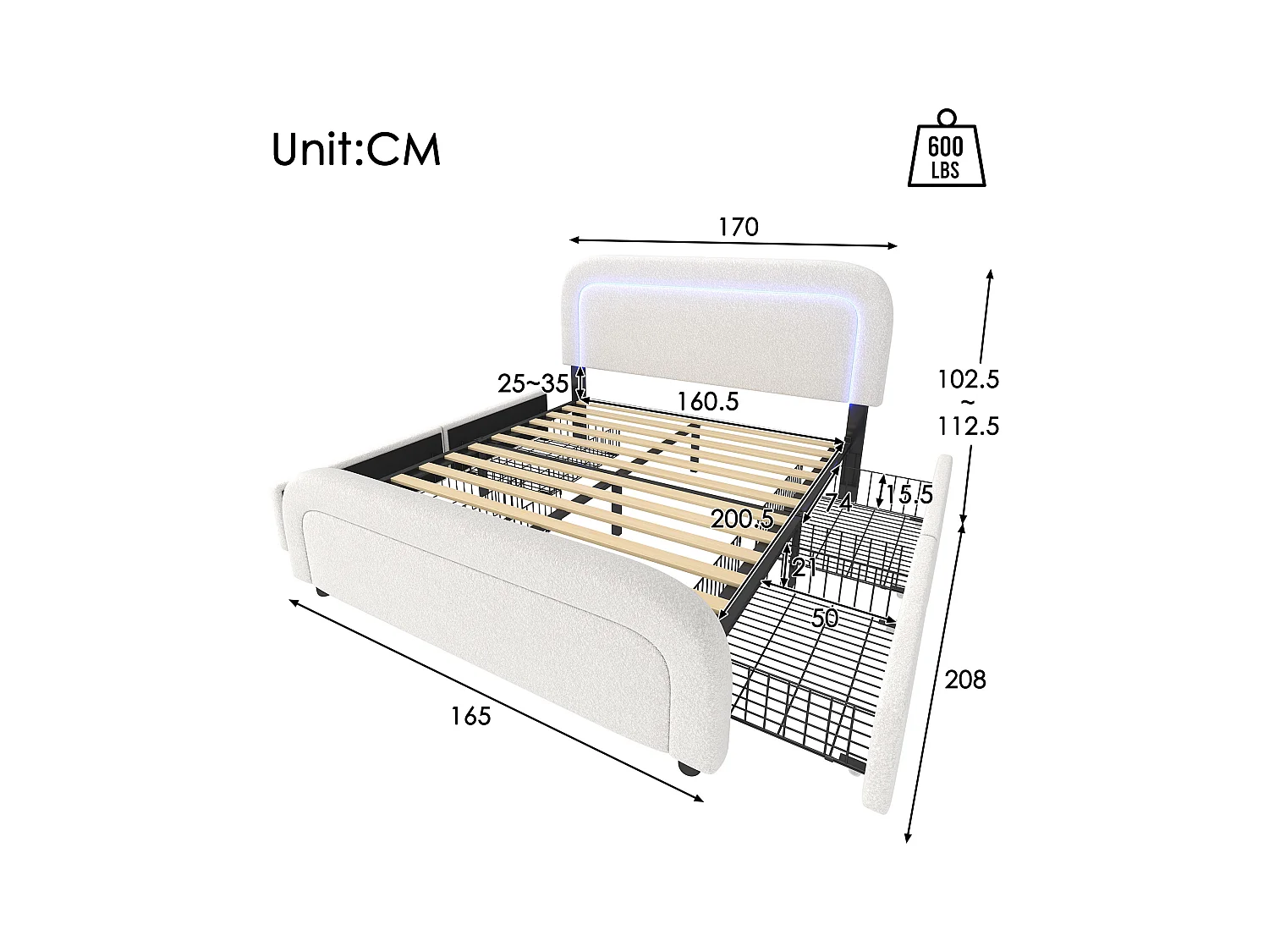 Letto per adulti 160 x 200 cm con 2 cassetti e testiera regolabile - USB + Type C - Tessuto Sherpa - bianco + Materasso