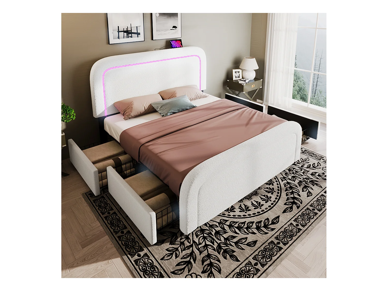 Letto per adulti 160 x 200 cm con 2 cassetti e testiera regolabile - USB + Type C - Tessuto Sherpa - bianco + Materasso