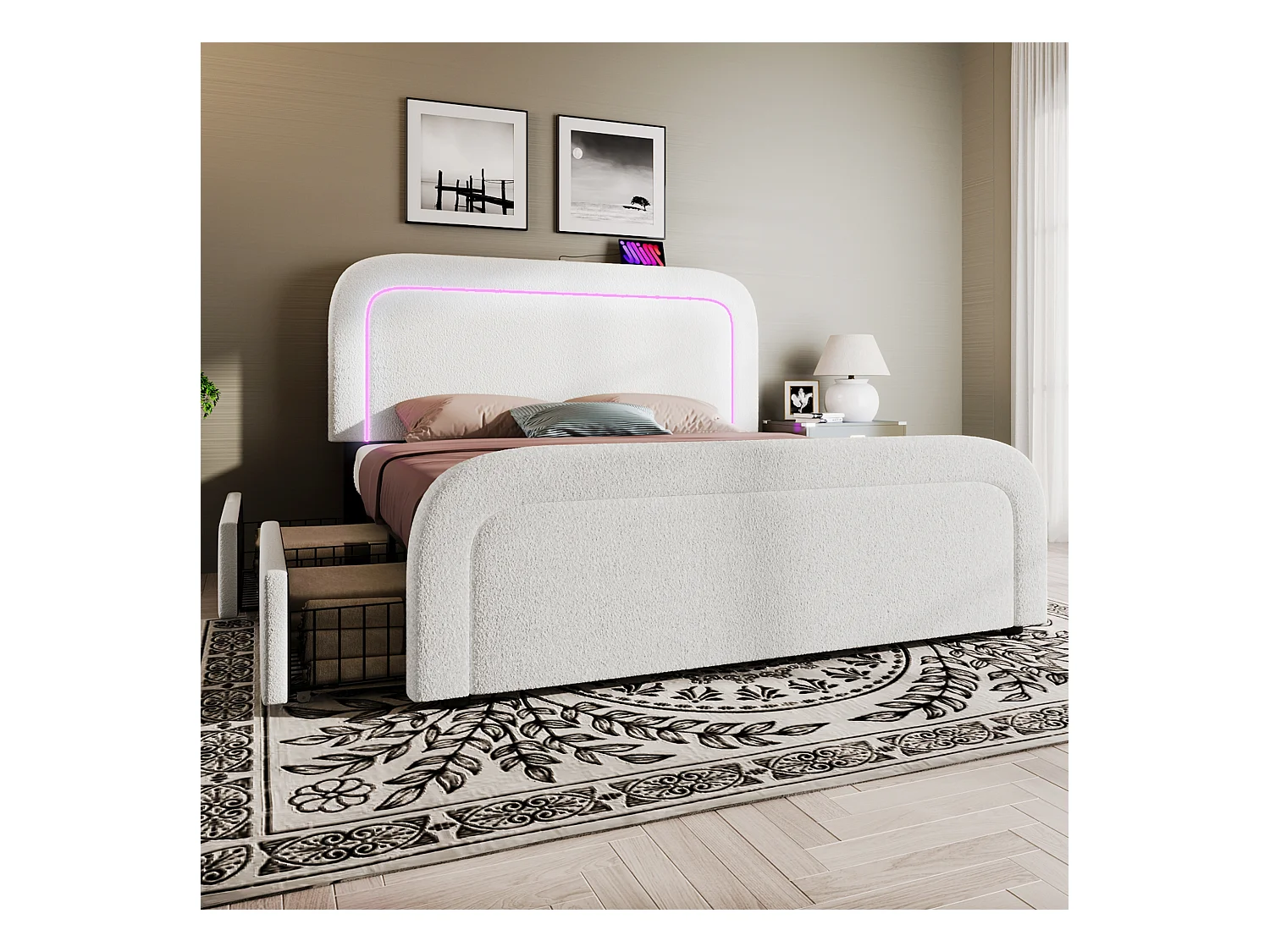 Letto per adulti 160 x 200 cm con 2 cassetti e testiera regolabile - USB + Type C - Tessuto Sherpa - bianco + Materasso