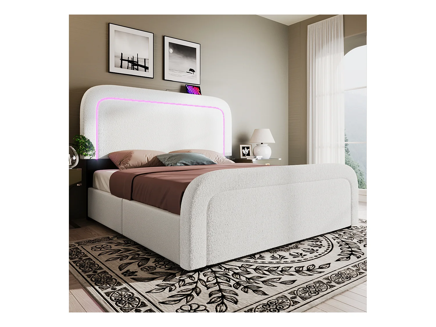 Letto per adulti 160 x 200 cm con 2 cassetti e testiera regolabile - USB + Type C - Tessuto Sherpa - bianco + Materasso