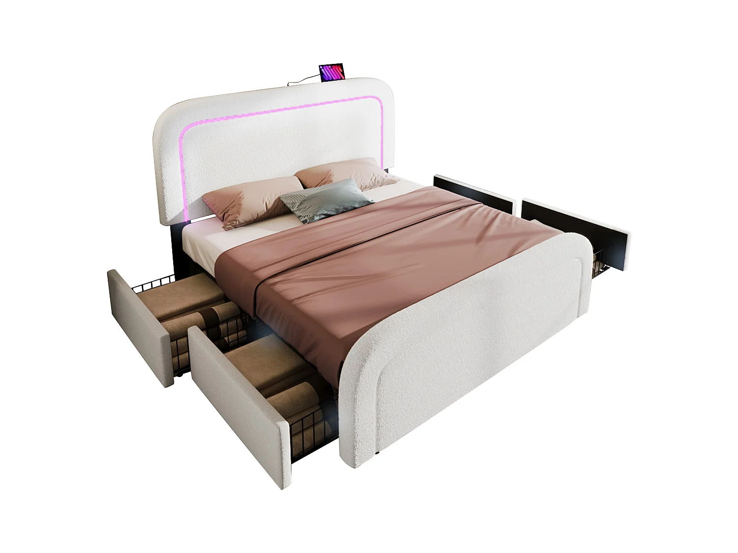 Letto per adulti 160 x 200 cm con 2 cassetti e testiera regolabile - USB + Type C - Tessuto Sherpa - bianco + Materasso
